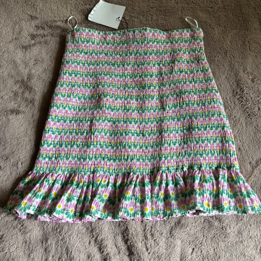 Zara Floral Smocked Mini Skirt Pink Green Ruffle Hem Small NWT